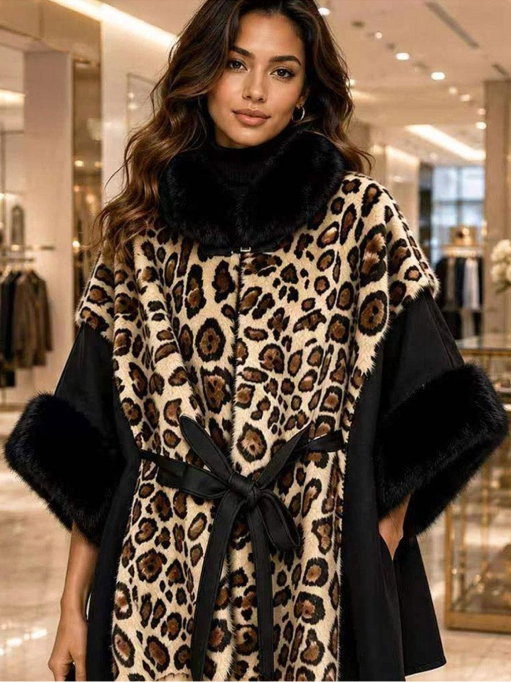 Leopard Faux-Fur Cape with Black Trim - Women Intimates & Sleepwear